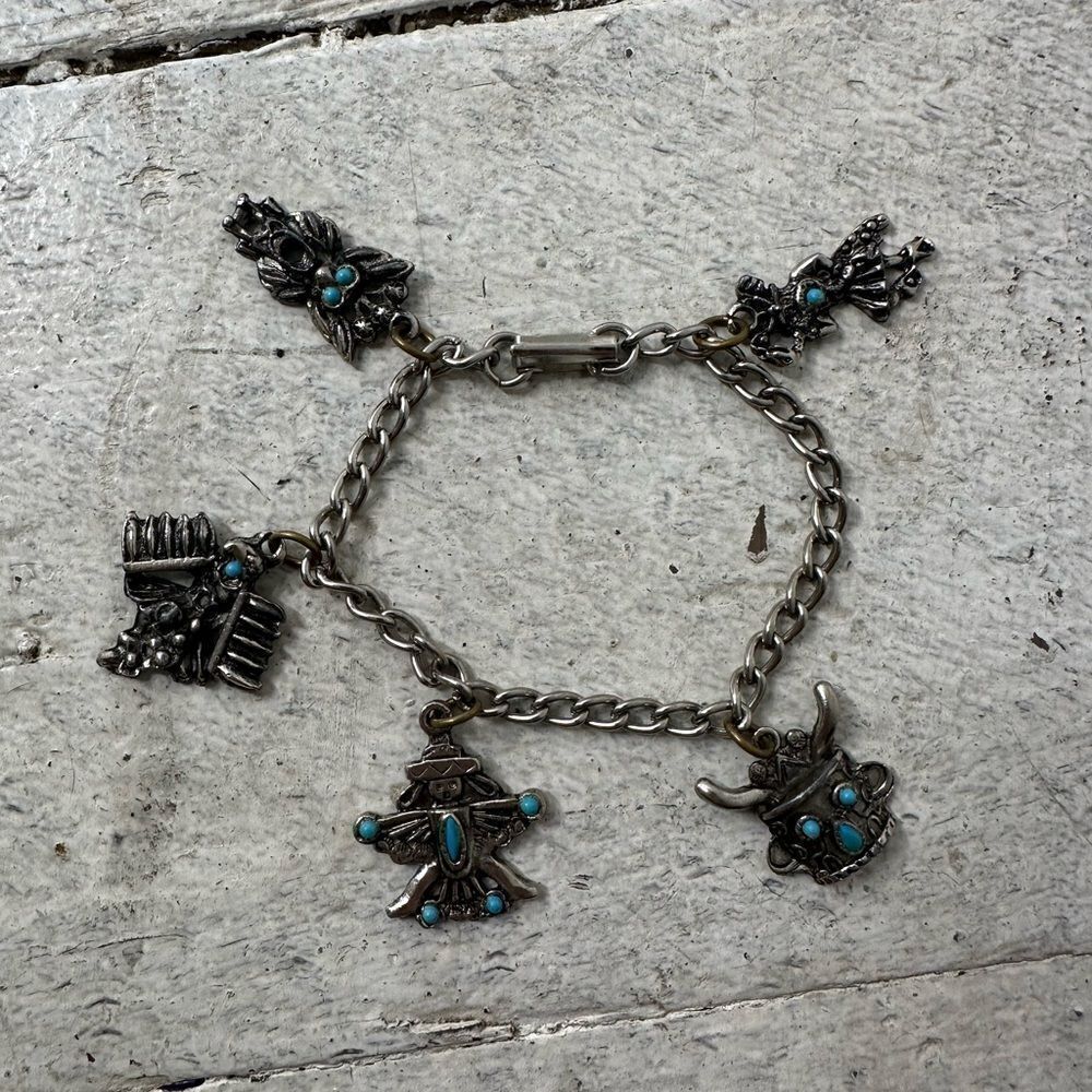 Vintage Native American Style Charm Bracelet With Faux Turquoise